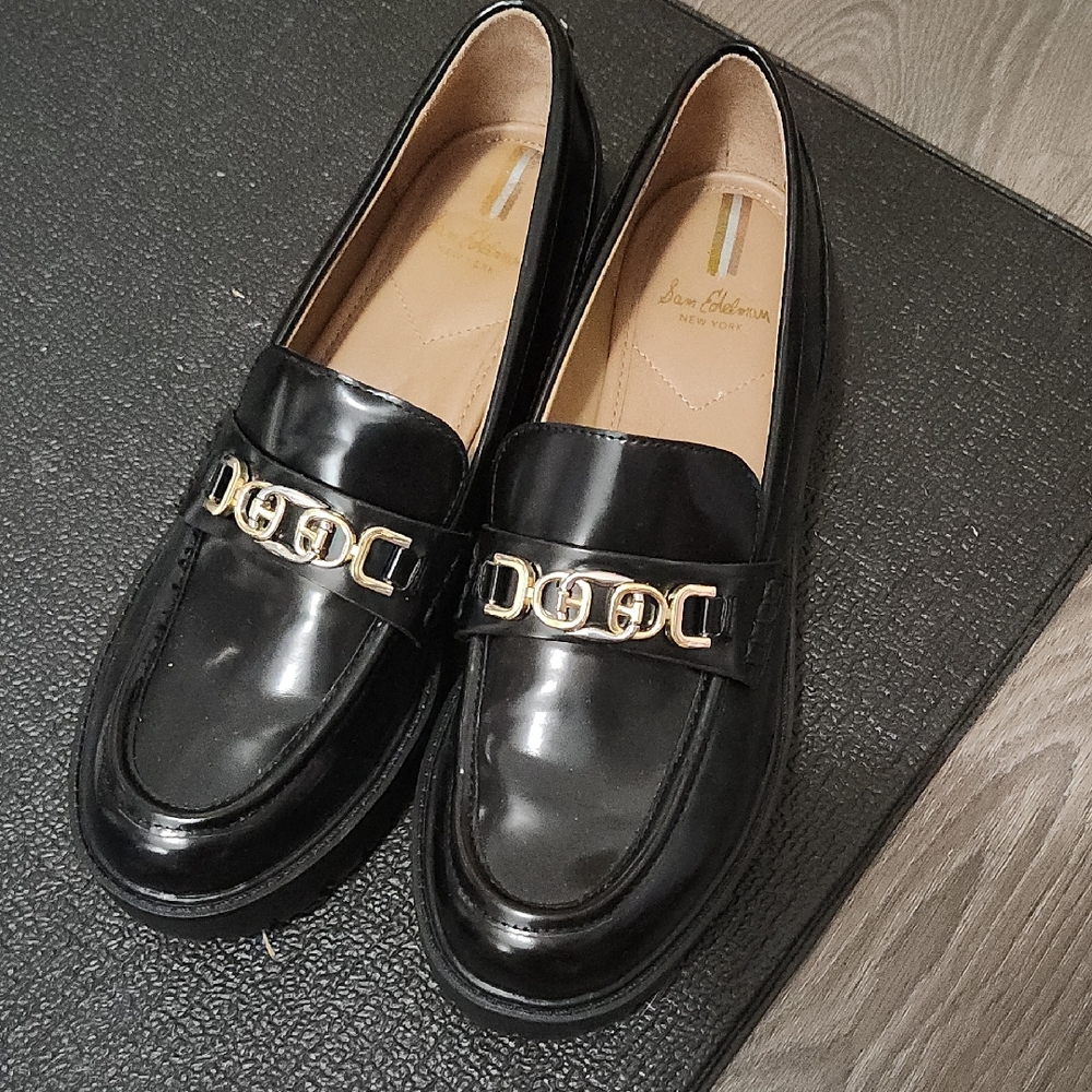 Sam Edelman Black Leather Flats with Gold Hardware